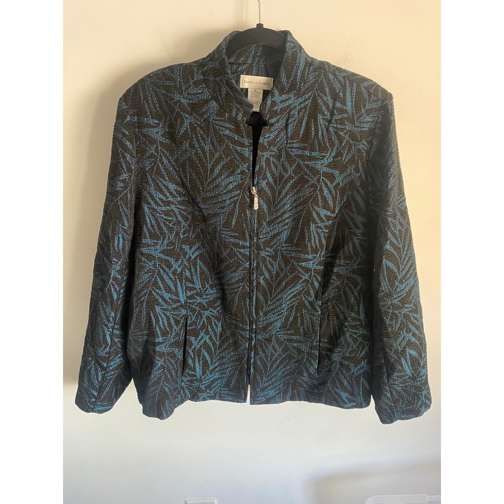 Drapers & Damons Womens XL Jacket Teal Black Metallic Leaf Zip Front M41399